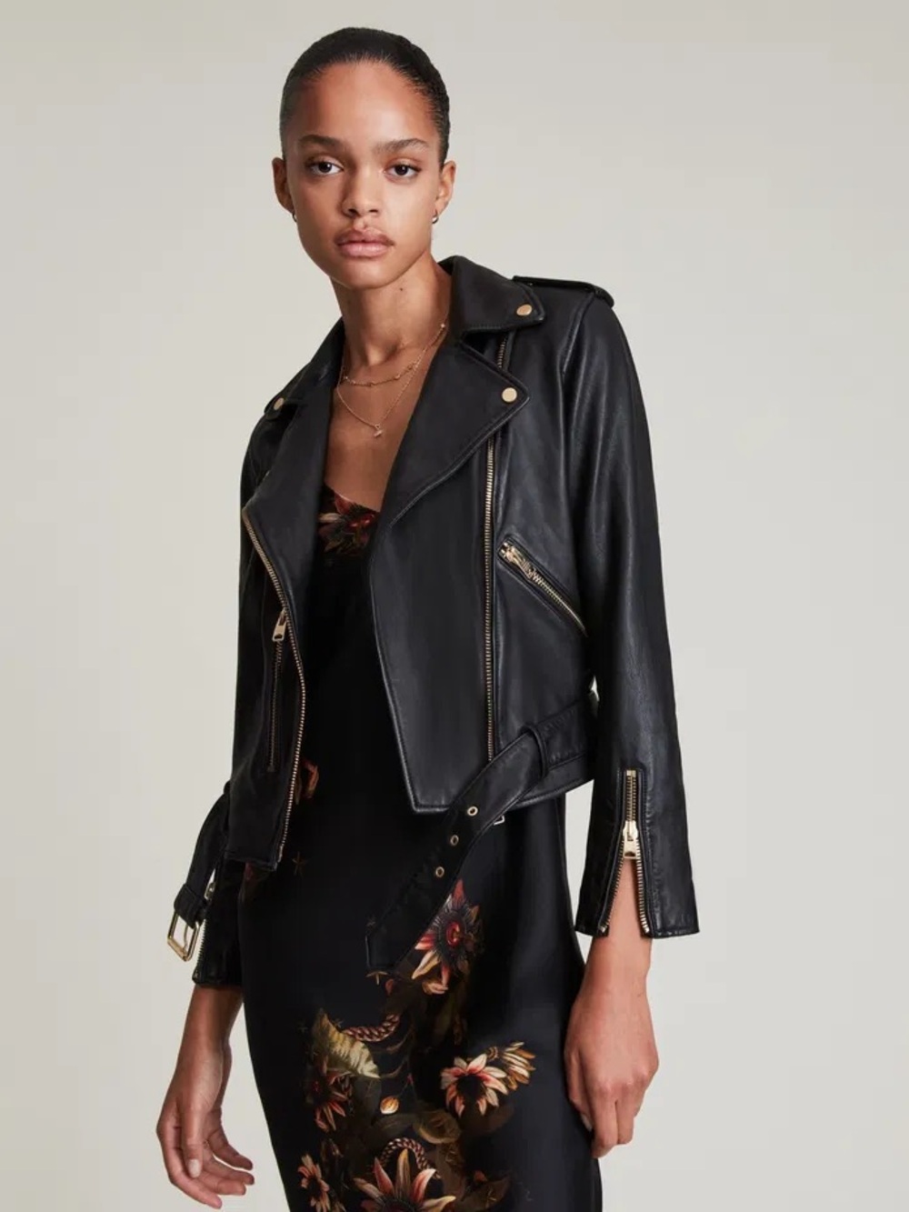 All Saints Balfern Black Leather Biker Jacket with Gold Hardware Size 6